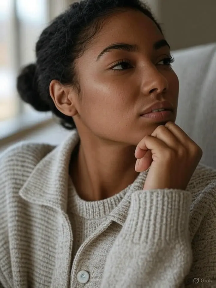 an image of a melanin-rich-skinned lady within the age range of 25-35 with her fingers resting on her jawline to give an impression of someone thinking about something or trying to make a choice between 2 options