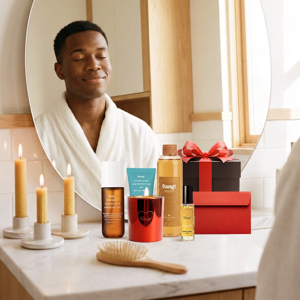 An image of a Luxury vlentine gift set for girlfriend or boyfriend containing self-care and fragrance products like diffusers, scented candles, face wash, box and card for personalised note